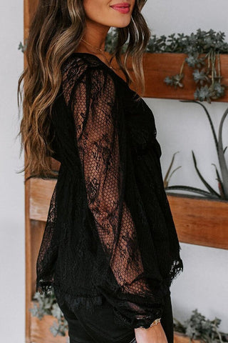 V-Neck Lace Embroidery Long-Sleeve Blouse with Bow Knot