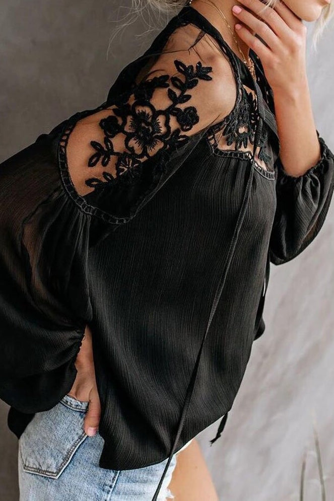 V-Neck Lace Crochet Embroidery Patchwork Blouse