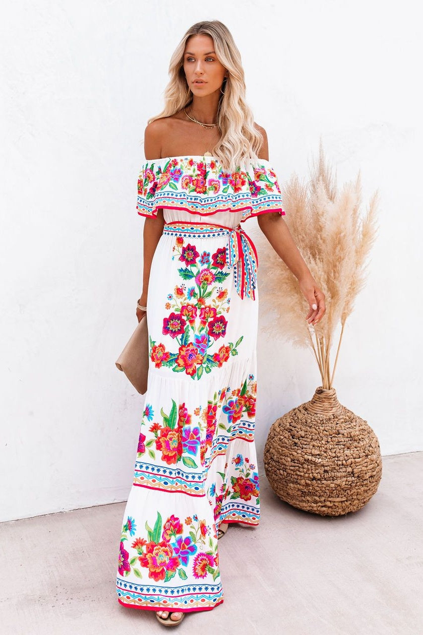 Trendy Off Shoulder Malamala Print Maxi Dress