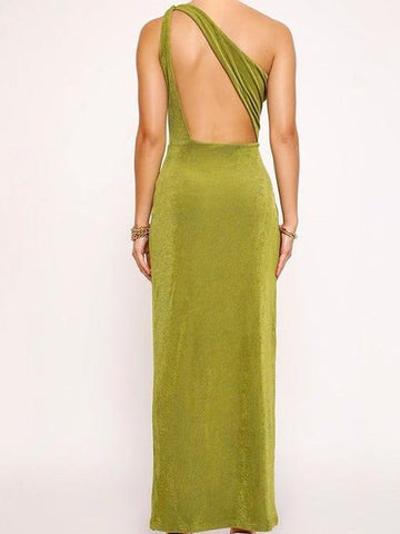 Solid color slant shoulder hollow pleated open long dress