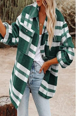 Long Sleeve Loose Woolen Plaid Shirt Jacket