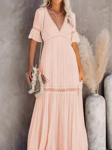 Swiss Dot Lace Trim Maxi Dress