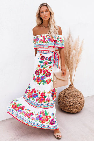 Trendy Off Shoulder Malamala Print Maxi Dress