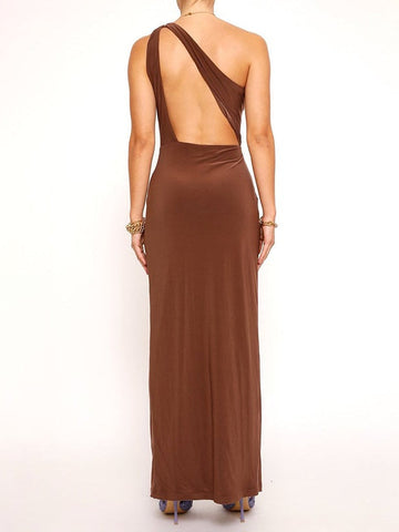 Solid color slant shoulder hollow pleated open long dress