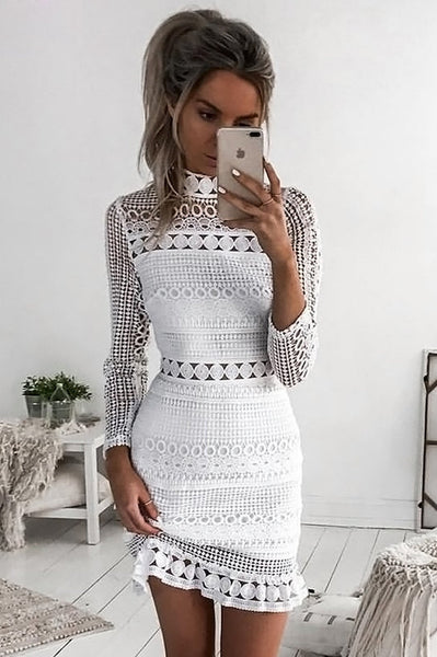 High Neck Short Tight White Lace Dress Orro Shop 8382