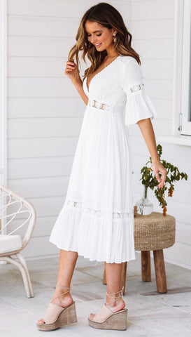 V-Neck Cotton Lace Midi Dress