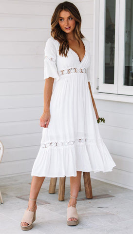 V-Neck Cotton Lace Midi Dress