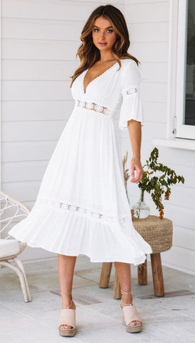 V-Neck Cotton Lace Midi Dress