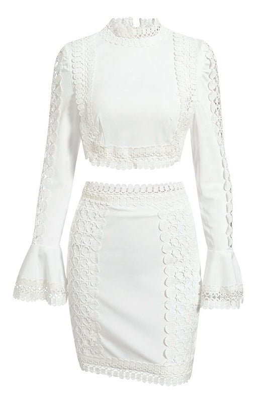 White Lace Crochet Blouse Skirt 2-Piece Coord Set