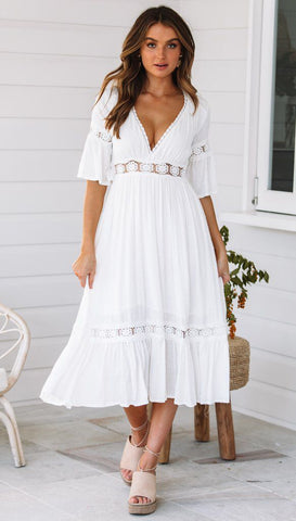 V-Neck Cotton Lace Midi Dress