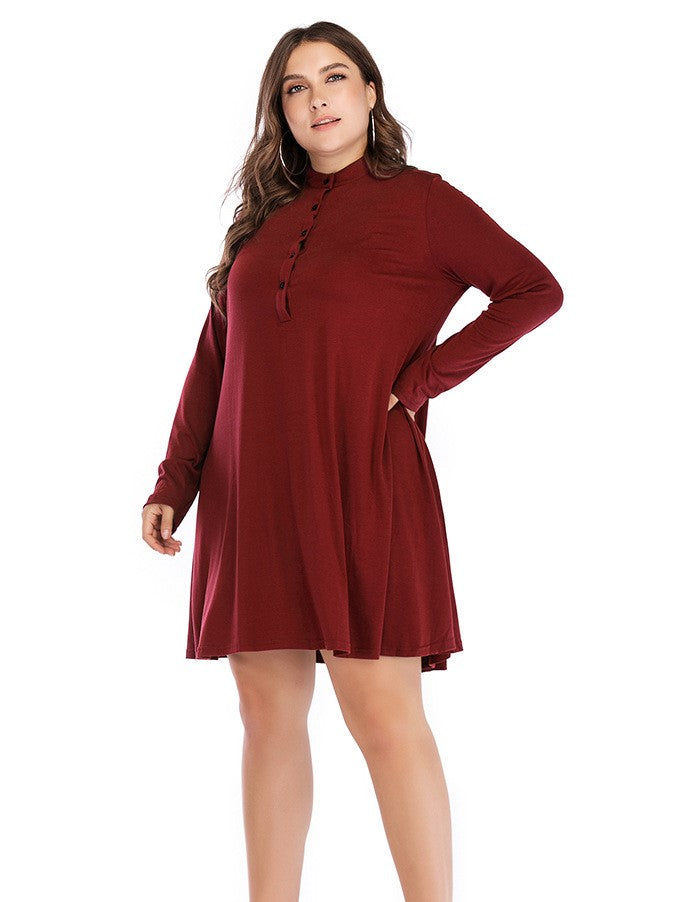 Round Neck Loose Casual Solid Color Long Sleeve Dress