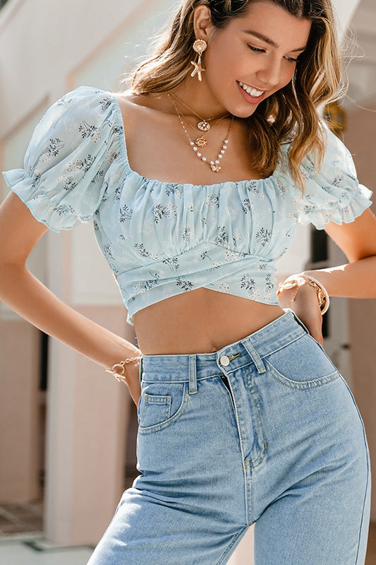 Tie Back Ruched Bust Daisy Floral Crop Top