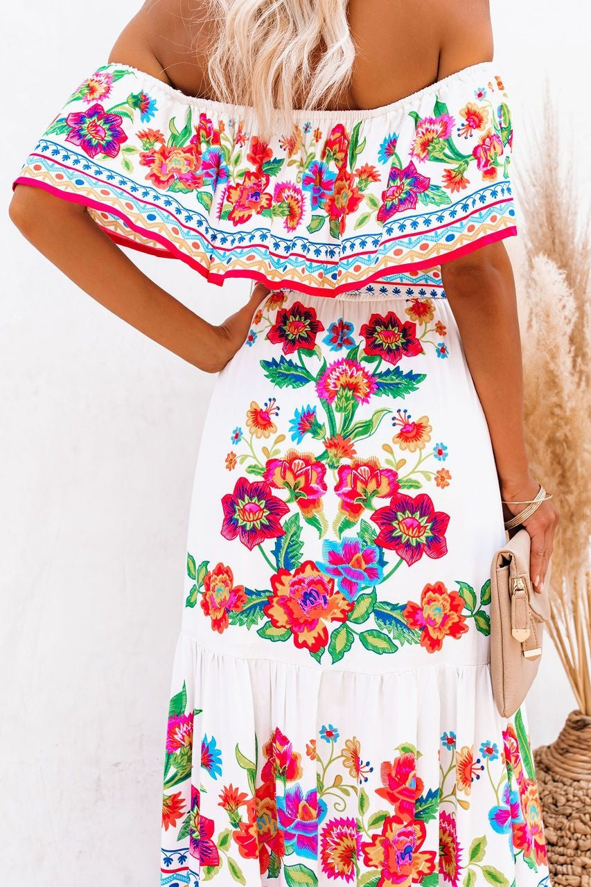 Trendy Off Shoulder Malamala Print Maxi Dress