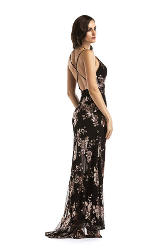 Sequin Halter Backless Split Cocktail Dress