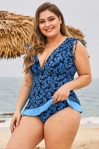 Black Blue Grecian Skater Ruched Plus Size Tankini