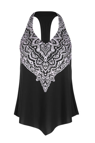 Black Boho Retro Print Halter T Back Handkerchief Tankini