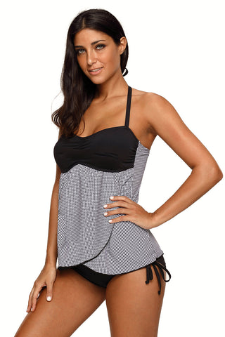 Black Halter Bandeau Top Plaid Flyaway Tankini Swimsuit