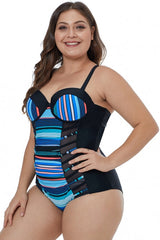 Black Blue Striped Block Patchwork Plus Size One Piece Piece Swimsuit