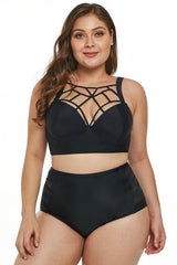 Black Caged Push-Up Balconette Plus Size High Waist Bikini Set