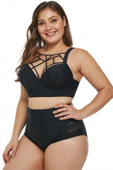 Black Caged Push-Up Balconette Plus Size High Waist Bikini Set