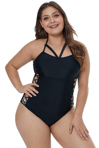 Maillot de bain une pièce noir croisé ajouré sur les côtés, grande taille