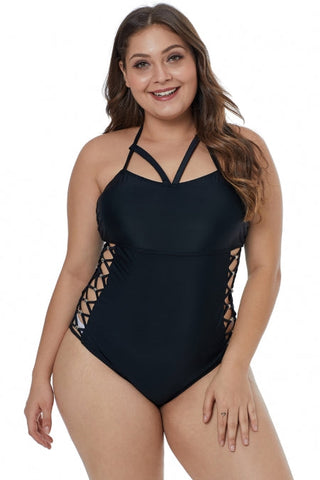 Maillot de bain une pièce noir croisé ajouré sur les côtés, grande taille