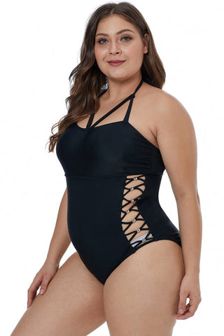 Maillot de bain une pièce noir croisé ajouré sur les côtés, grande taille