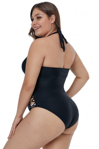 Maillot de bain une pièce noir croisé ajouré sur les côtés, grande taille