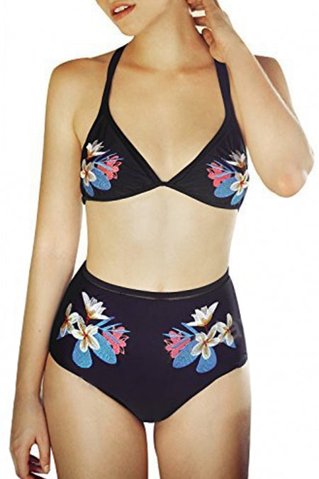 Black Embroidery Mesh Splicing High-waisted Swimsuit