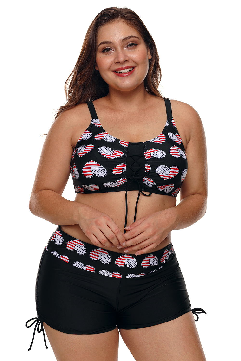 Black Heart American Flag Plus Size Two Piece Swimsuit