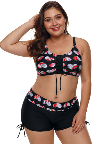 Black Heart American Flag Plus Size Two Piece Swimsuit