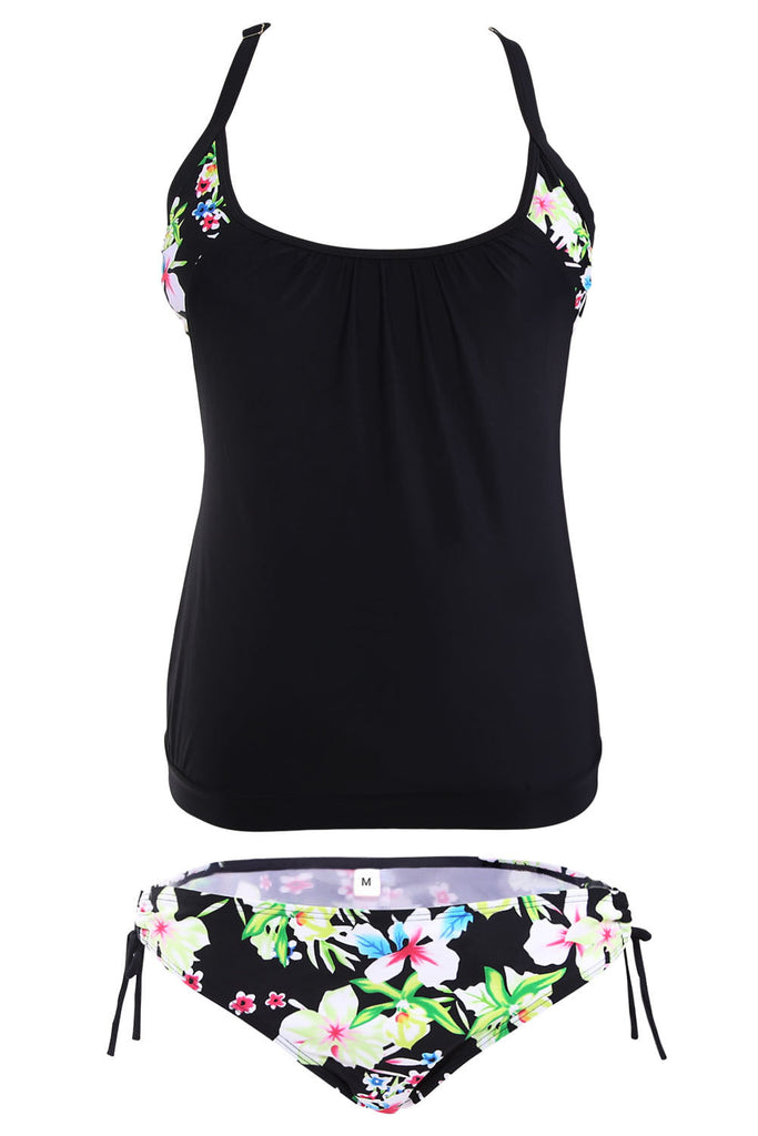 Black Layered-Style Floral Tankini Swimwear with Triangular Briefs ...