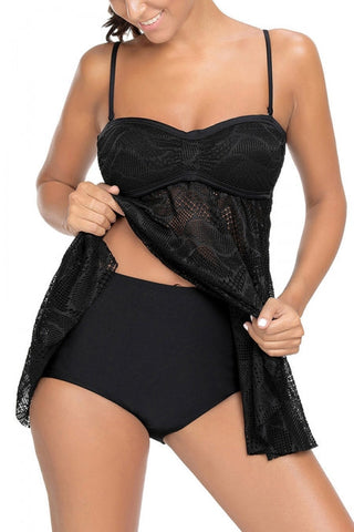 Schwarzes Tankini-Set mit Netzstoff und Cut-outs