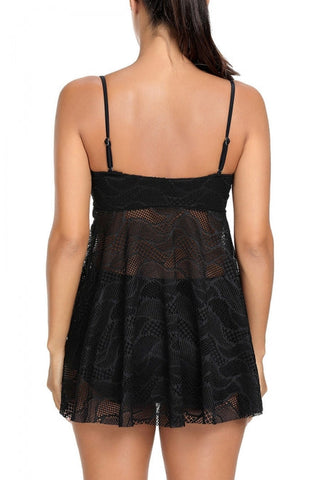 Schwarzes Tankini-Set mit Netzstoff und Cut-outs