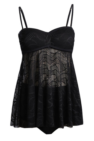 Schwarzes Tankini-Set mit Netzstoff und Cut-outs