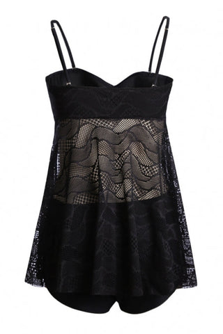 Schwarzes Tankini-Set mit Netzstoff und Cut-outs