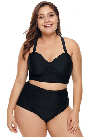 Black Scalloped Detail High Waist Plus Size Bkini Swimsuit