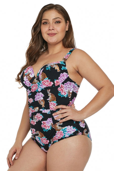 Black Tiger Floral Push-Up Plus Size One-Piece Swimsuit