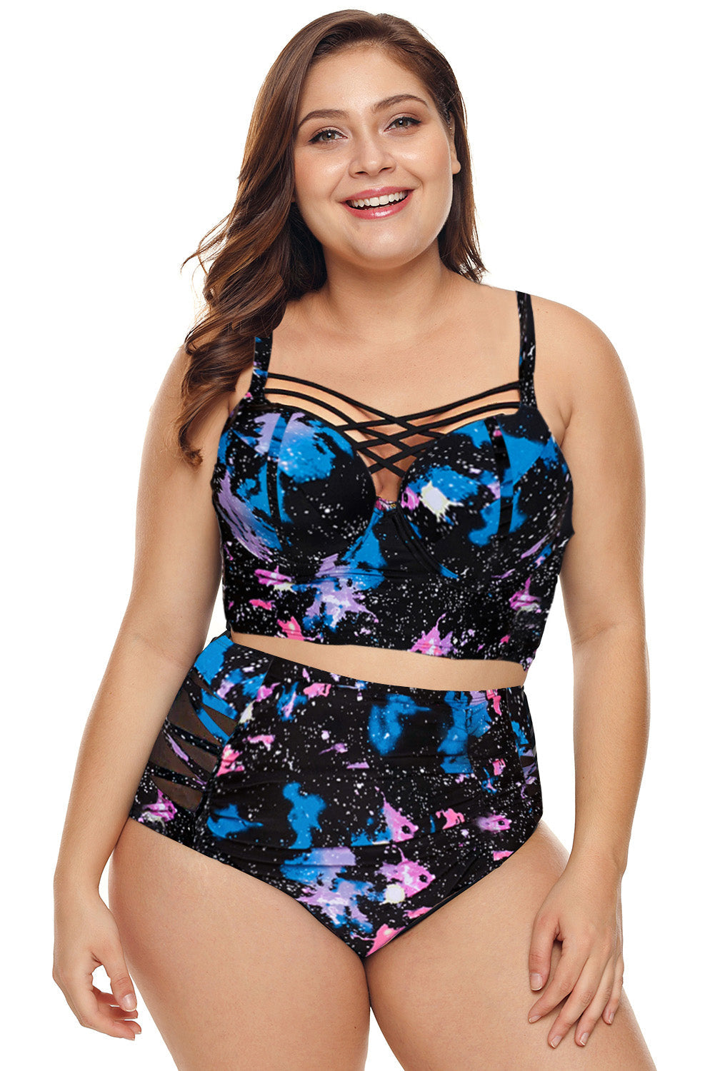 Blue Black Print Strappy Push Up Balconette High Waist Plus Size Bikini