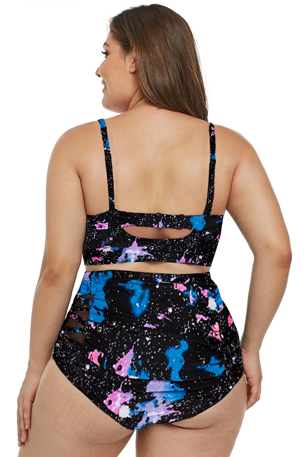 Blue Black Print Strappy Push Up Balconette High Waist Plus Size Bikini