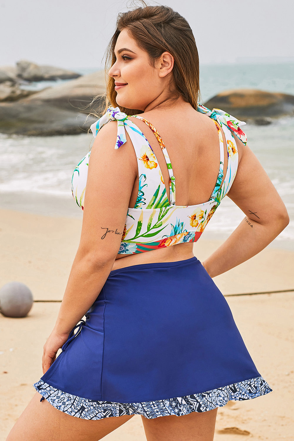 Blue Printed Hemline Slit Plus Size Swim Skirt