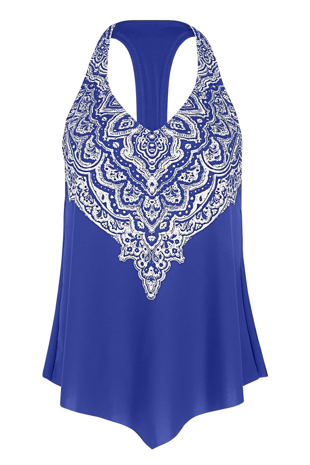 Blue Retro Print Halter T Back Handkerchief Tankini Swimsuit