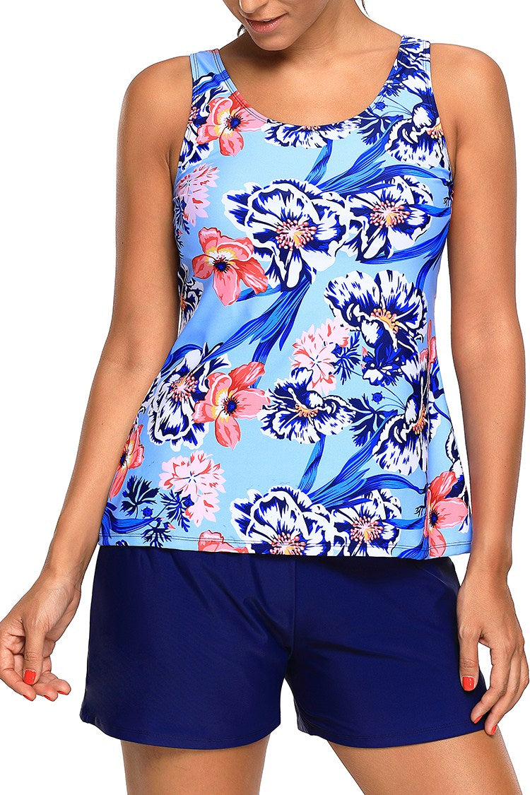 Blue Coral Floral Print Tankini and Short Swimsuit
