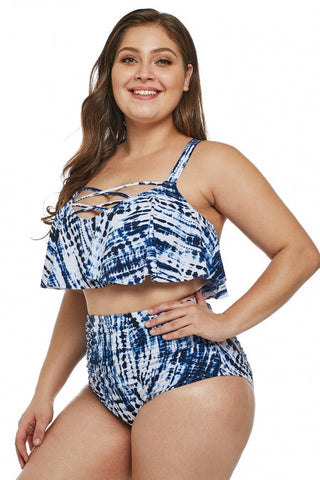 Blue Strappy Plus Size High Waist Swimwear