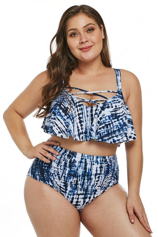 Blue Strappy Plus Size High Waist Swimwear