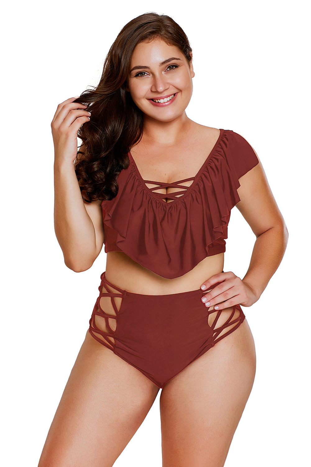 Burgundy Frill Tankini Crisscross High Waist Swimsuit
