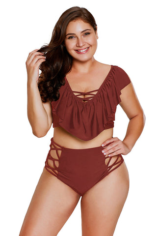 Burgundy Frill Tankini Crisscross High Waist Swimsuit