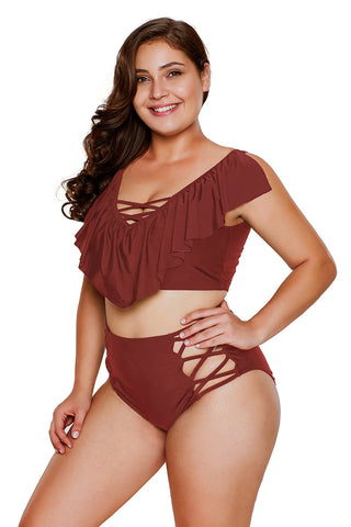 Burgundy Frill Tankini Crisscross High Waist Swimsuit