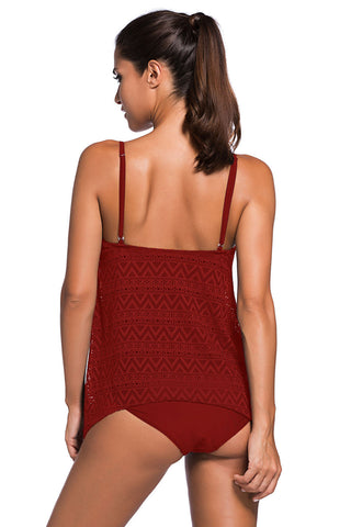 Burgundy Lace Overlay Spaghetti Straps Tankini Swimsuit