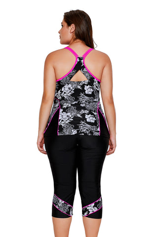 Schwarzes Tankini- und Capri-Set mit geschnitztem Blumenmuster
